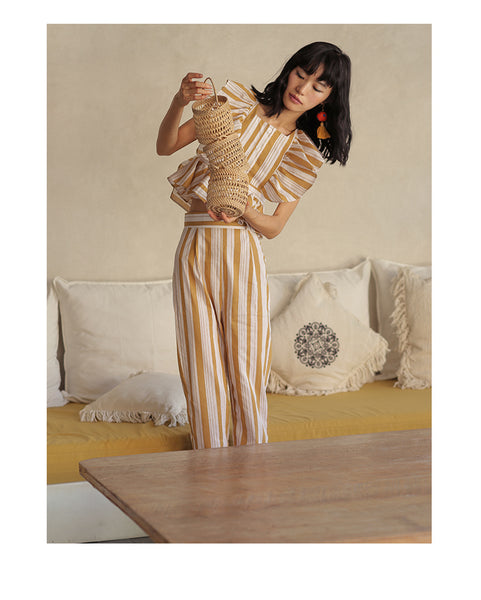 SINCE THEN FRILL DETAIL CROP TOP AND MATCHING TROUSERS IN RETRO STRIPE - boopdo