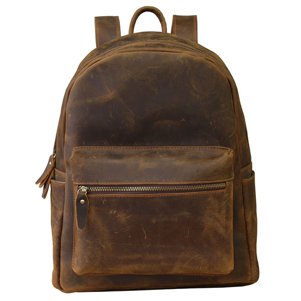 TWENTY FOUR STREET 14 INCHES CLASSIC HANDMADE RETRO TRAVEL BROWN LEATHER BACKPACK - boopdo
