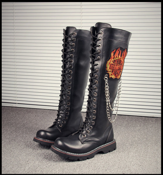 CUTIX KUQI SKULL IRON LEATHER BOOTS WITH CHAIN IN BLACK - boopdo