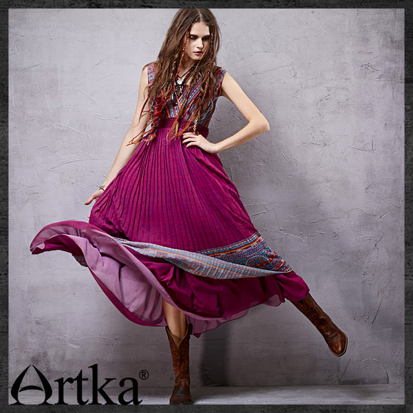 ARTKA WRAP FRONT BOHEMIAN PLEATED MAXI DRESS - boopdo