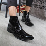 RODEO CAMPO BUCKLE MID HEEL POINTED TOE LEATHER BOOTS IN BLACK - boopdo