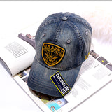 CHUNGLIM ARMY APPLIQUE EMBROIDERY OLD VINTAGE CURVED CAPS IN DENIM COLOR - boopdo
