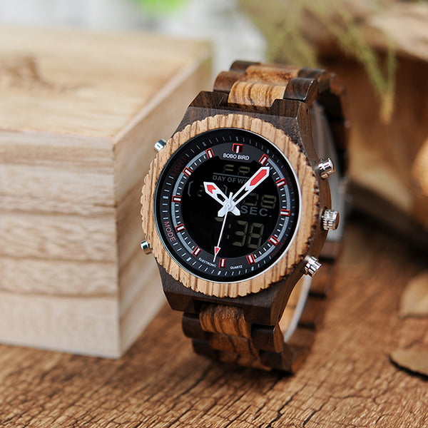 BOBO BIRD LED DOUBLE DISPLAY WOODEN WATCH IN BROWN - boopdo