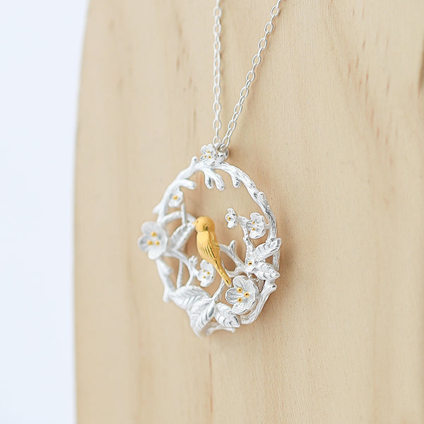 SILVER OF LIFE 925 SILVER NECKLACE WITH VINTAGE STYLE GOLD PLATED BIRD - boopdo
