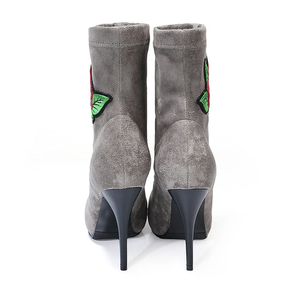 LOXPIA FLANNEL ANKLE HIGH HEEL BOOTIES - boopdo