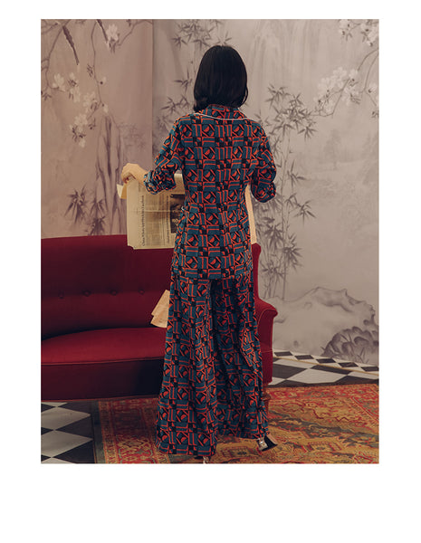 SINCE THEN REVERE COLLAR LONG LINE SHIRT AND WIDE LEG TROUSER IN ABSTRACT PATTERN - boopdo