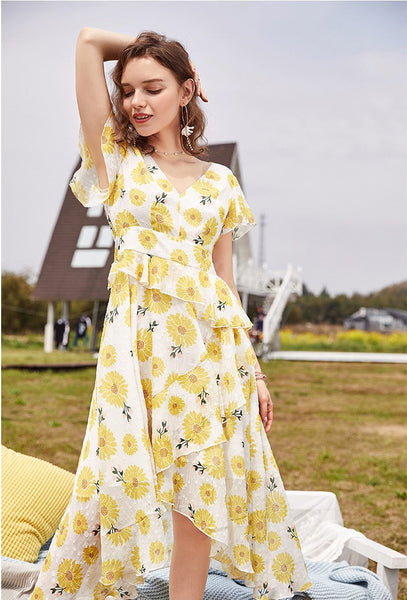 ARTKA TIERED RUFFLE DRESS IN YELLOW FLORAL - boopdo