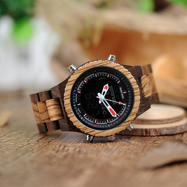 BOBO BIRD LED DOUBLE DISPLAY WOODEN WATCH IN BROWN - boopdo