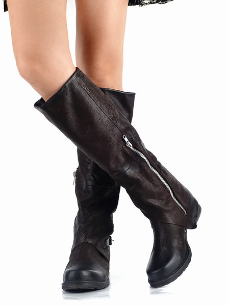 PROVA PERFETTO ROMAN SQUARE TOE KNEE HIGH LEATHER BOOTS IN BLACK - boopdo