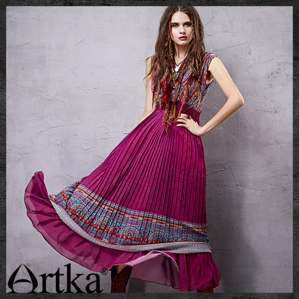 ARTKA WRAP FRONT BOHEMIAN PLEATED MAXI DRESS - boopdo