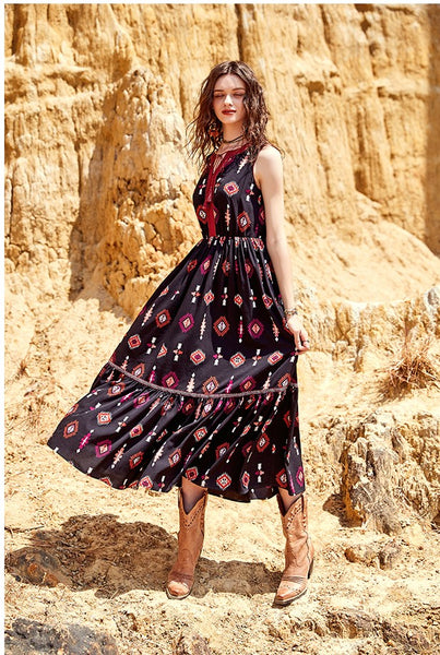 ARTKA TIE NECK MAXI DRESS WITH ETHNIC ATLAS PRINT - boopdo