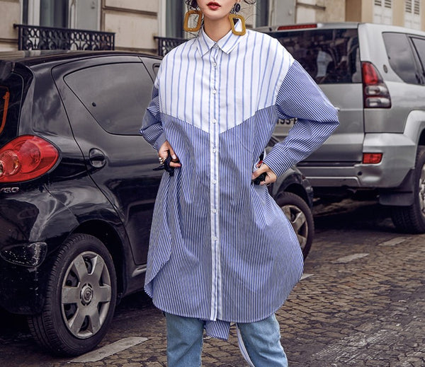 8GIRLS STRIPE OVERSIZED LONGLINE SHIRT IN BLUE - boopdo