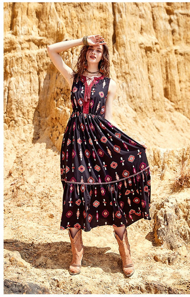 ARTKA TIE NECK MAXI DRESS WITH ETHNIC ATLAS PRINT - boopdo