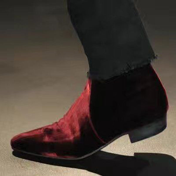 NADEMILI VELVET TOE POINTED CATWALK CHELSEA BOOTS IN WINE RED COLORWAY - boopdo