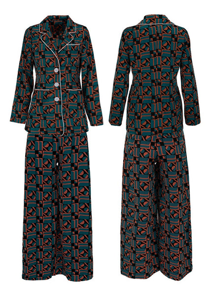 SINCE THEN REVERE COLLAR LONG LINE SHIRT AND WIDE LEG TROUSER IN ABSTRACT PATTERN - boopdo