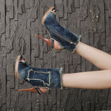 BOOPDO DESIGN WASHED DENIM OPEN TOE HIGH HEEL SANDALS - boopdo