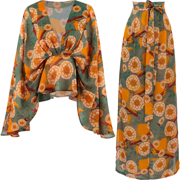 SINCE THEN LONG SLEEVE PLUNGE TOP WITH KIMONO SLEEVE AND WIDE LEG TROUSERS IN FLORAL - boopdo