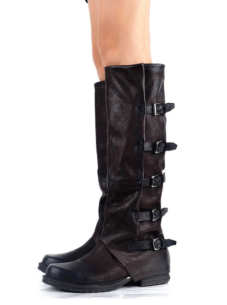 PROVA PERFETTO ROMAN SQUARE TOE KNEE HIGH LEATHER BOOTS IN BLACK - boopdo