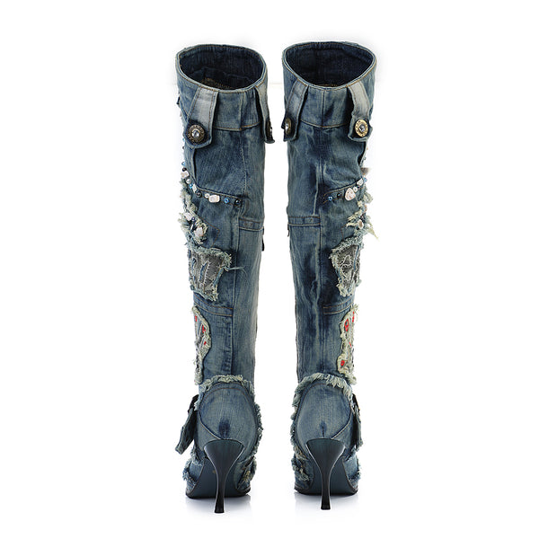 BOOPDO ARTISTIC DESIGN LUXILO WASHED DENIM JEAN KNIGHT BOOTS IN BLUE AND GRAY - boopdo