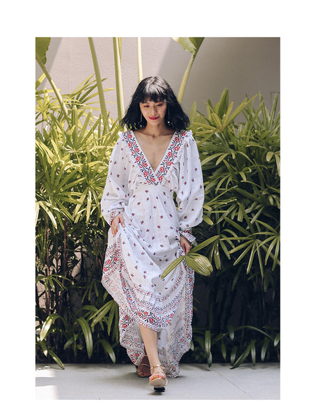 SINCE THEN EMBROIDERED FLORAL MAXI DRESS WITH DEEP V NECK - boopdo