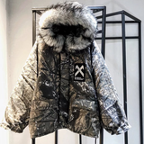 ZAZU PARKAS FAUX FUR COLLAR COTTON MOUNTAIN PRINT HOODED JACKET IN CAMO - boopdo