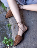 ARTMU LEATHER WOVEN MULES WITH ANKLE TIES - boopdo