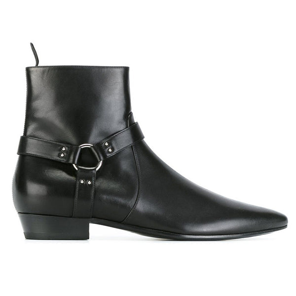 NADEMILI SEWING THREAD STYLE TOE POINTED BLACK LEATHER ANKLE CHELSEA BOOTS - boopdo