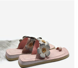 ARTMU FLORAL EMBROIDERED LEATHER TOE LOOP FLAT SANDALS IN PINK - boopdo