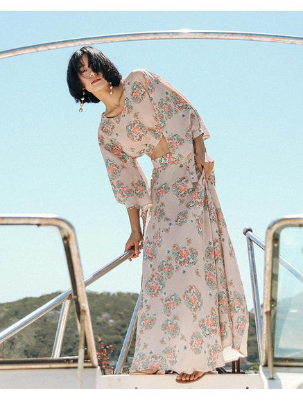 SINCE THEN CROPPED FLORAL PINT BLOUSE WITH MATCHING MAXI SKIRT - boopdo