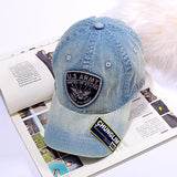 CHUNGLIM ARMY APPLIQUE EMBROIDERY OLD VINTAGE CURVED CAPS IN DENIM COLOR - boopdo