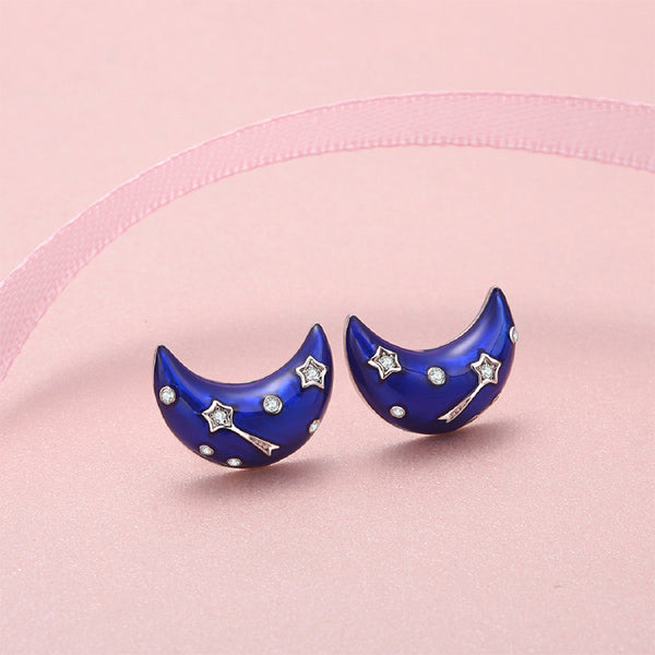 JELLY GIRL 925 STERLING SILVER MAKE A BRIGHT DREAM BLUE MOON DESIGN STUD EARRINGS - boopdo