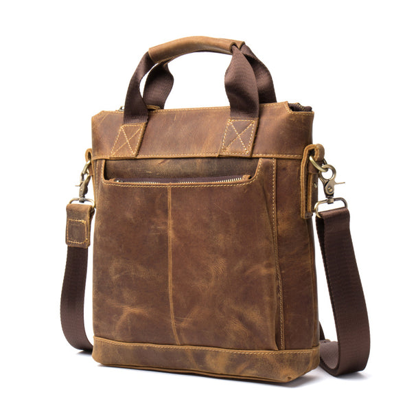 MANTIME HANDMADE LEATHER 13 INCH RETRO TOTE SHOULDER MESSENGER BAG IN KHAKI - boopdo