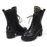 LOXPIA WOMENS EXULL BRITISH DESIGN THICK SOLED LEATHER BOOTS WITH RIVET - boopdo