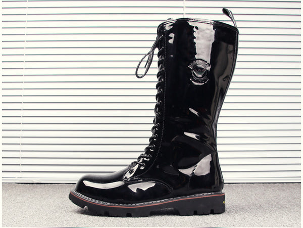 KUQI PERONI ITALY BOUTIQUE PATENT LEATHER HIGH TOP TUBE BLACK BOOTS - boopdo
