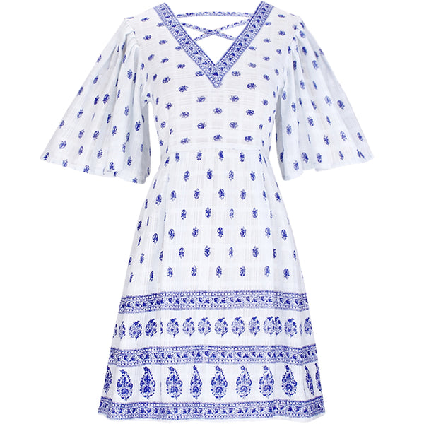 SINCE THEN RETRO PATTERN COTTON SMOCK MINI DRESS WITH BACK LACE UP DESIGN - boopdo