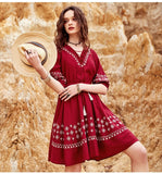 ARTKA TASSEL TIES AND EMBROIDERED DRESS IN BURGUNDY - boopdo
