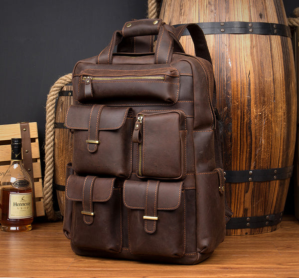 MANTIME BOOPDO VINTAGE 16 INCH THREE DIMENSIONAL LEATHER BACKPACK IN BROWN - boopdo
