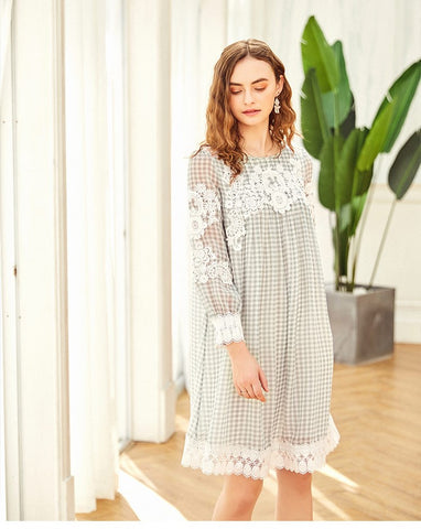 ARTKA LACE CHECK DRESS WITH FRILL DETAIL - boopdo