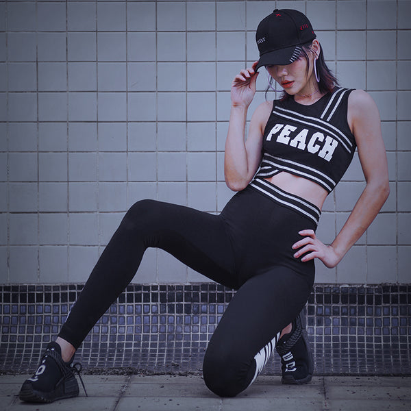 MIP SPORTS LOGO CROP TOP AND TAPE LEGGINGS IN BLACK - boopdo