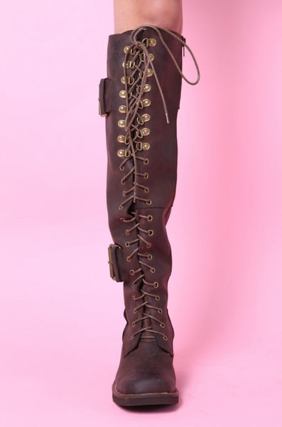 PROVAPERFETTO DESIGN LACE UP KNEE HIGH BOOTS IN BROWN 10809 - boopdo