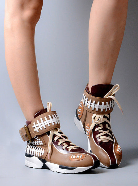 PROVAPERFETTO VINTAGE LOOK CHUNKY SOLE LEATHER TRAINERS150289 LIGHTBROWN MAROON BROWN - boopdo