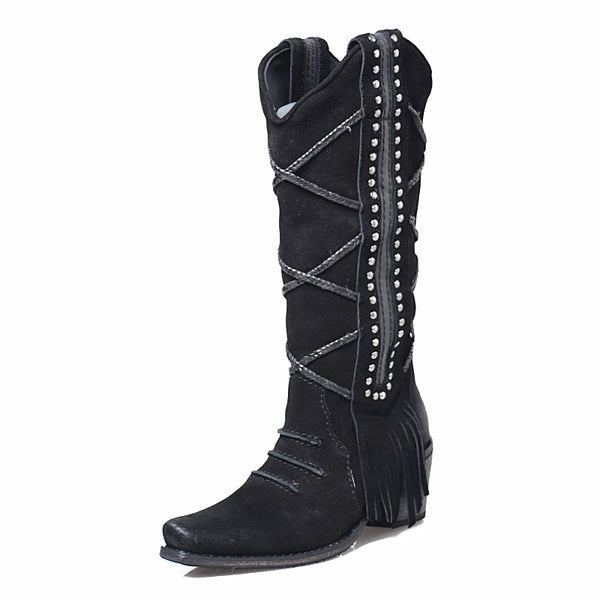 PROVA PERFETTO BOOP MID HEELED VELVET WESTERN LEATHER COWGIRL BOOTS WITH TASSEL - boopdo