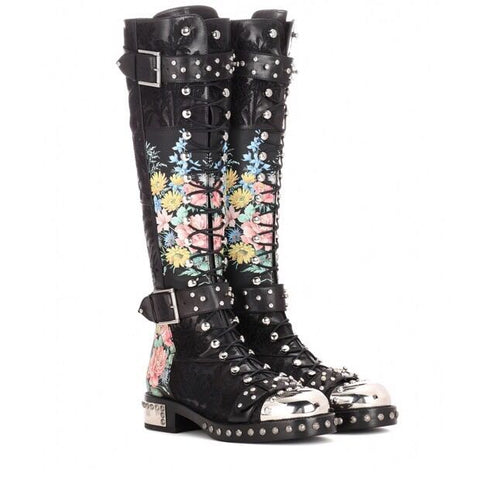 ADDIEX SCHNOOR FLOWER PRINT LEATHER PUNK BOOTS WITH HARDWARE DETAILING IN BLACK - boopdo