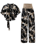 SINCE THEN TIE FRONT CROP TOP WITH WIDE LEG MATCHING TROUSER IN PALM PRINT - boopdo