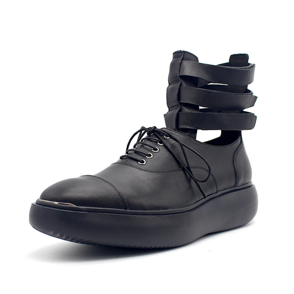 JINIWU VANGUARD UPSCALE TCR THICK SOLED LEATHER ROMAN SHOES IN BLACK - boopdo