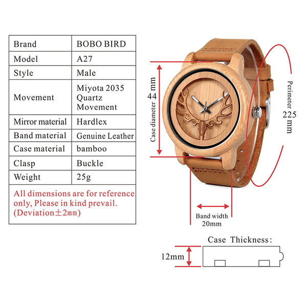 BOBO BIRD BAMBOO DEER HEAD CONCEPT WATCH WITH LEATHER BAND IN TAN - boopdo