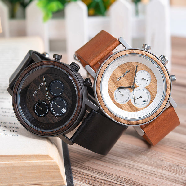 BOBO BIRD HANDMADE CHRONOGRAPH WOODEN WATCH WITH LEATHER STRAP - boopdo
