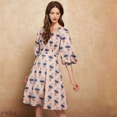 ARTKA BALLOON SLEEVE SKATER DRESS WITH FLORAL PRINT - boopdo