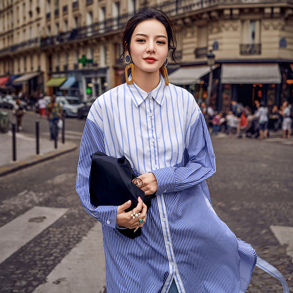 8GIRLS STRIPE OVERSIZED LONGLINE SHIRT IN BLUE - boopdo