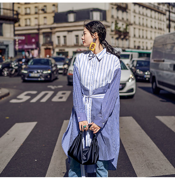 8GIRLS STRIPE OVERSIZED LONGLINE SHIRT IN BLUE - boopdo